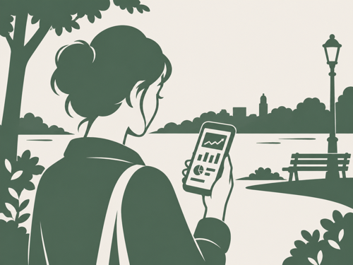 屋外でスマートフォンのRabbit Monitorを操作する女性のイラスト